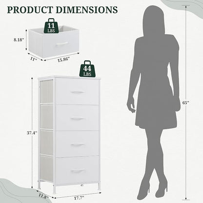 4 Drawers Dresser for Bedroom, Fabric Storage Tower Organizer with Wooden Top and Steel Frame, Tall Chest of Drawers for Closet, Entryway, Dorm, Ivory White