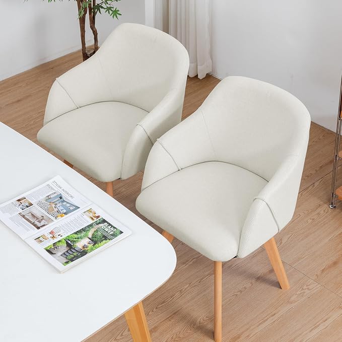 Swivel Dining Chairs Set of 2, Mid Century Modern Dining Chairs with Arms and Wood Legs, Linen Fabric Upholstered Kitchen Chairs for Dining Room Living Room, Comfortable Widen Seat, Beige