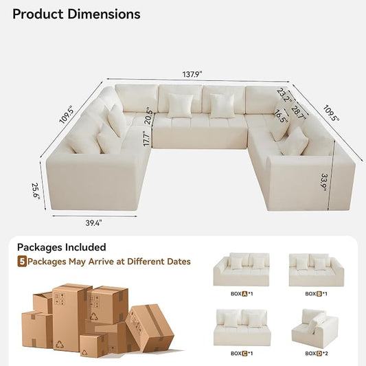 140''Modular Sectional Couches for Living Room, Cloud Boneless Compressed Sectional Sofa, Oversized U Shaped 8 Seater Upholstered Memory Foam Sofa, No Assembly, Chenille Beige