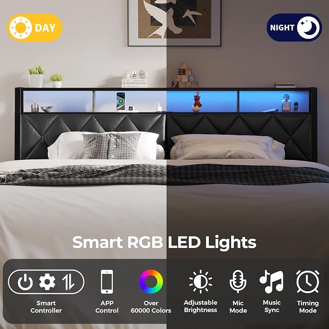 Full Headboard Only, Headboard for Full Size Bed with Storage, Upholstered Headboards with LED Lights & Charging Station, Attach Frame, Ideal for Bedroom/Dorm/Guest Room, Black, Faux Leather