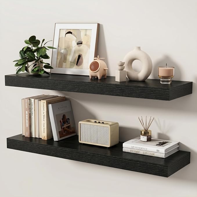 Floating Shelves for Wall, 36 Inch x 8 Inch Deep Wall Mounted Wood Shelf with Invisible Brackets for Storage & Display, Living Room Bedroom Kitchen, Black, Set of 2