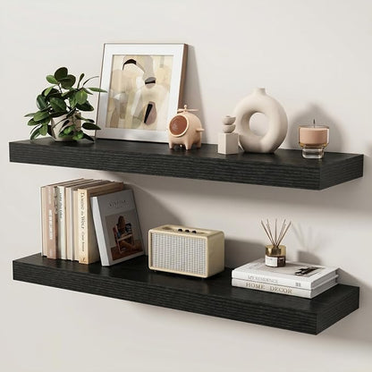 Floating Shelves for Wall, 36 Inch x 8 Inch Deep Wall Mounted Wood Shelf with Invisible Brackets for Storage & Display, Living Room Bedroom Kitchen, Black, Set of 2