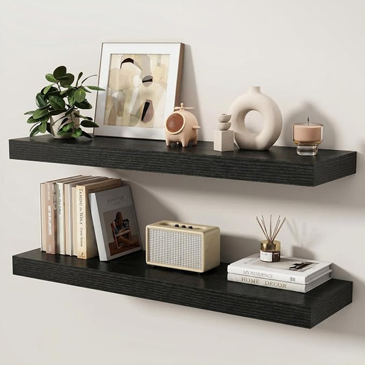 Floating Shelves for Wall, 36 Inch x 8 Inch Deep Wall Mounted Wood Shelf with Invisible Brackets for Storage & Display, Living Room Bedroom Kitchen, Black, Set of 2