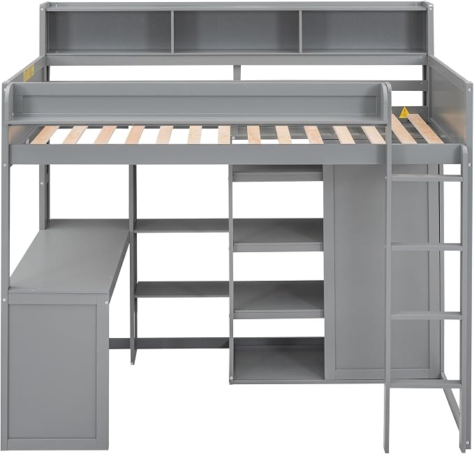 Ball & Cast Twin Size Loft Bed with Stair & Safety Guardrail,Wood Bedframe with Storage Drawer,2 Wardrobes & Mirror,Space Saving,No Box Spring Needed,Versatile Bedroom Furniture for Boys Girls,Gray
