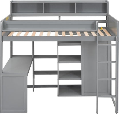 Ball & Cast Twin Size Loft Bed with Stair & Safety Guardrail,Wood Bedframe with Storage Drawer,2 Wardrobes & Mirror,Space Saving,No Box Spring Needed,Versatile Bedroom Furniture for Boys Girls,Gray