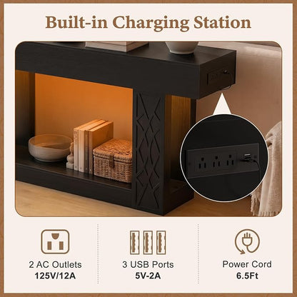 Unikito 63" Console Table with Outlets & LED Lights, Farmhouse Entryway Table with Unique Lattice Geometric Pattern, Sofa Table Behind Couch with 2-Tier Storage for Living Room, Hallway, Foyer, Black