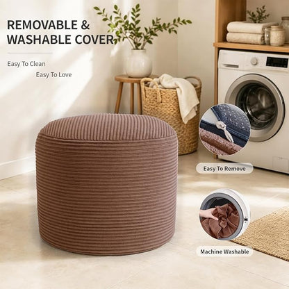 Stuffed Pouf Ottoman Foot Rest with 2.8-inch Solid Foam Base | Odorless Filling Resists Clumping, Washable Corduroy Cover, Round Foot Stool for Living Room Couch Lounging and Home Decor
