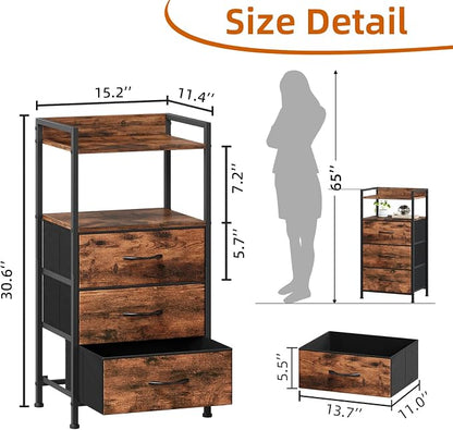 Somdot Nightstand with 3 Drawers, Dresser with Fabric Bins for Bedroom, Hallway, Entryway, Night Stand Bedside Table Furniture, Sturdy Steel Frame, Wooden Top, Easy Pull Fabric Bins, Wood Grain Print