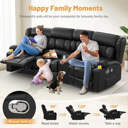 Dresegmt Recliner Sofa with Storage Console, Flip Middle Backrest Design PU Leather 3 Seat Reclining Sofa with Storage Drawer, Manual Couch for Living Room (Black, 3 Seater + Console)