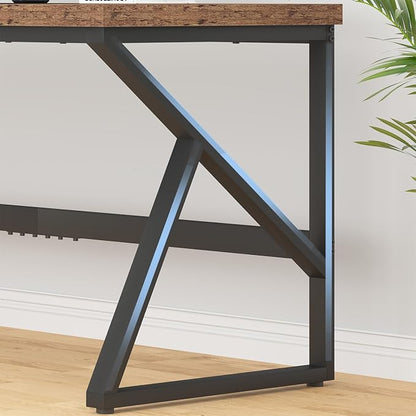 HSH Large Rustic Brown Computer Desk, 70 Inch Home Office Metal Wood Desk for 2 Person, Farmhouse Extra Long Writing Study Gaming Table, Bedroom Living Room PC Laptop Dual Monitor Desk