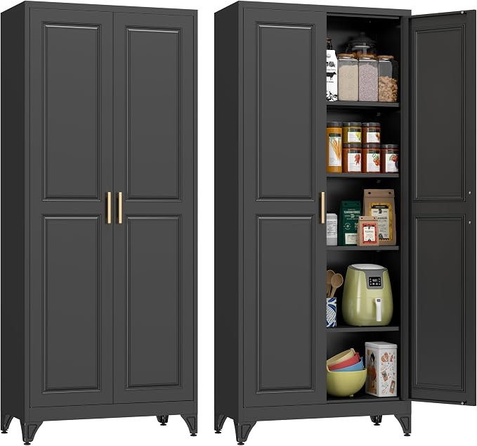 Polup Kitchen Pantry Cabinet, 75" H Metal Storage Cabinet with Doors and Shelves, 4 Standing Feet, Cupboard for Kitchen, Dining, Living Room, 16" D x 32" W x 75" H, Black, Assembly Required