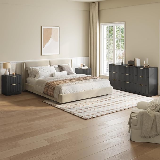 9 Drawer Dresser & Nightstand Set 3-Piece, 63” Wide Fluted Bedroom Dresser Set Night Stand Set of 2 with Metal Handle, Modern Wood Chest of Drawers Storage Dressers Set for Bedroom, Black