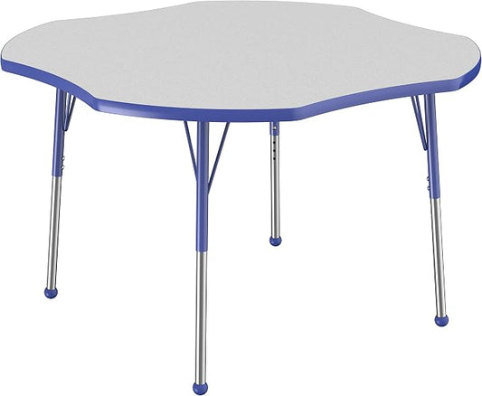 FDP Clover Activity School and Office Table (48 x 48 inch), Standard Legs with Ball Glides for Collaborative Seating Environments, Adjustable Height 19-30 inches - Gray Top and Blue Edge