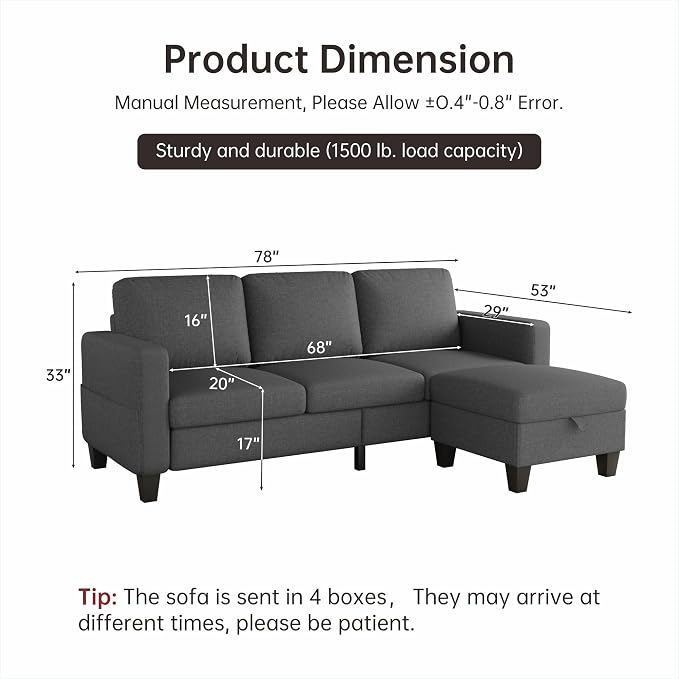 Youmumeub 78" Sectional Sofa Couches for Living Room, 3 Seat L Shaped Convertible Couch with Storage Ottoman, Comfortable Pet-Friendly Linen Sofa Set for Small Space, Apartment, Office, Dark Grey