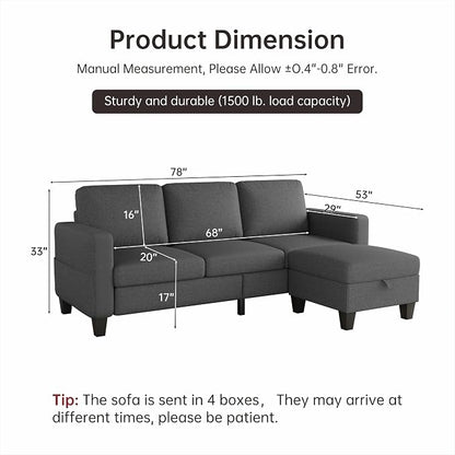 Youmumeub 78" Sectional Sofa Couches for Living Room, 3 Seat L Shaped Convertible Couch with Storage Ottoman, Comfortable Pet-Friendly Linen Sofa Set for Small Space, Apartment, Office, Dark Grey
