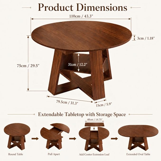 ClinQ 43-59in Extendable Round Dining Table for 4-6, Round to Oval Dining Room Table with Removable Leaves, Space Saving Dinner Table with Storage Shelf, Walnut