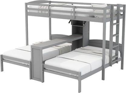 VilroCaz Twin Over Twin & Twin Bunk Bed with Built-in Desk and Storage Shelves, 3 Beds in 1 Design Solid Wood Triple Bunk Bed with Reading Lamp and Guardrails for Kids Teens Aldults (Gray-2.14)