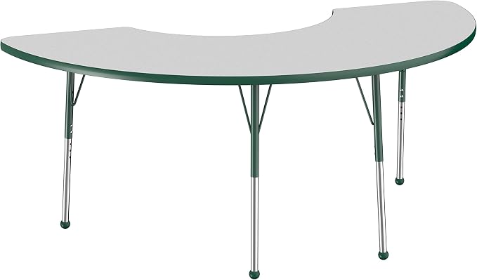 FDP Half Moon Activity School and Office Table (36 x 72 inch), Standard Legs with Ball Glides for Collaborative Seating Environments, Adjustable Height 19-30 inches - Gray Top and Green Edge