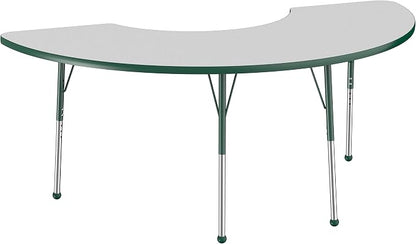 FDP Half Moon Activity School and Office Table (36 x 72 inch), Standard Legs with Ball Glides for Collaborative Seating Environments, Adjustable Height 19-30 inches - Gray Top and Green Edge