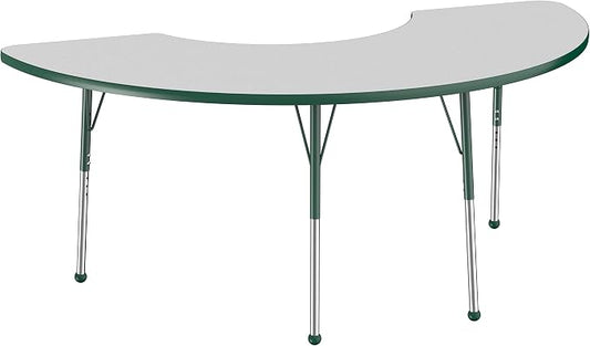 FDP Half Moon Activity School and Office Table (36 x 72 inch), Standard Legs with Ball Glides for Collaborative Seating Environments, Adjustable Height 19-30 inches - Gray Top and Green Edge