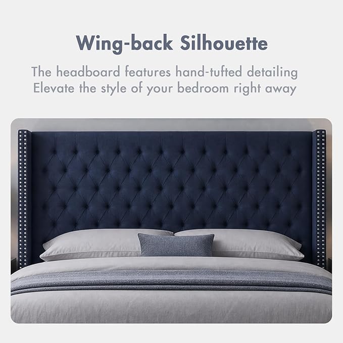 Madison Park Queen Wingback Upholstered Tufted Headboard, Featuring High-Density Sponge Padding, Adjustable Height Headboard, Easy Assembly, Navy