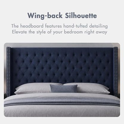 Madison Park Queen Wingback Upholstered Tufted Headboard, Featuring High-Density Sponge Padding, Adjustable Height Headboard, Easy Assembly, Navy