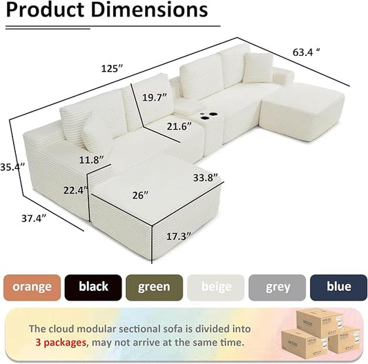ivoros 125 Inch Modular Sectional Sofa Couch, Oversized Modern Cloud Couch for Living Room, U Shape Couches with 2 Ottomans, USB Ports and Cup Holders, Beige Corduroy Boneless Sofas, Sofa in a Box