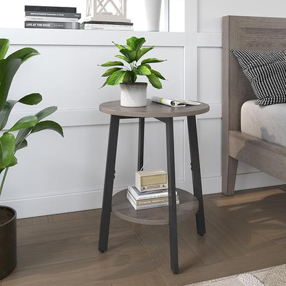 sthmec Side Table, Small Round End Table with Storage Shelf for Small Space, 2-Tier Bedside Table Sofa Couch Table, Round Accent Table Nighstands for Living Room, Bedroom, Grey