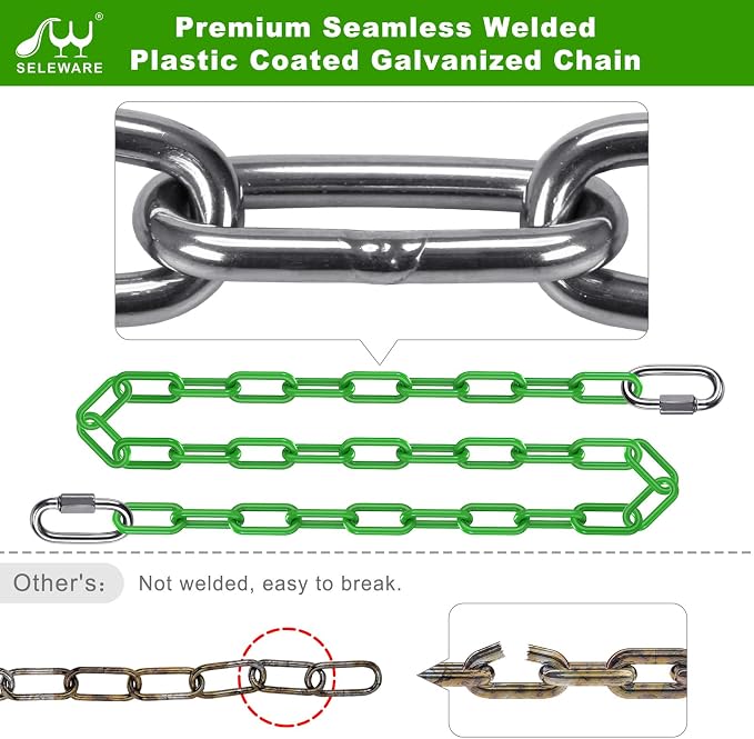 SELEWARE 2 Pack 100 Inch Hanging Swing Chain with 4 Carabiners, 1000LB Capacity Plastic Coated Hanging Chains, Hammock Hardware Kit for Swing, Hanging Chair, Punching Bags, Indoor Outdoor Gym (Green)