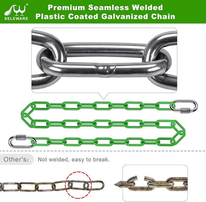 SELEWARE 2 Pack 60 Inch Hanging Swing Chain with 4 Carabiners, 1000LB Capacity Plastic Coated Hanging Chains, Hammock Hardware Kit for Swing, Hanging Chair, Punching Bags, Indoor Outdoor Gym (Green)