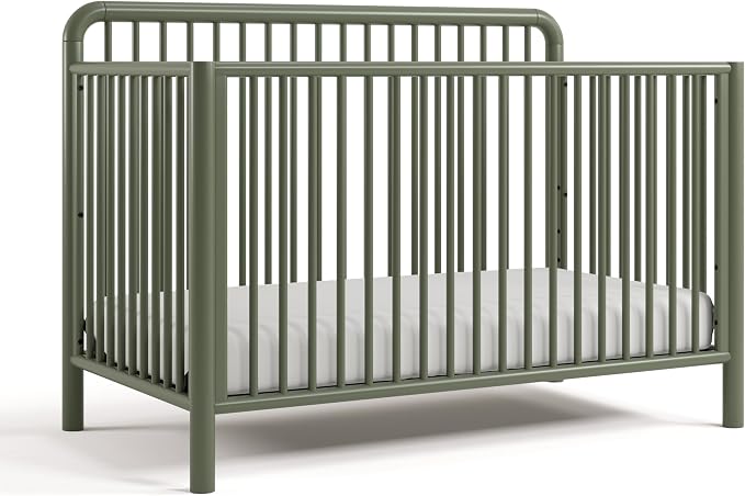 Storkcraft Porto 5-in-1 Convertible Crib with Toddler Guardrail – GREENGUARD Gold Certified, Toddler Bed Conversion Kit Included, 100% Solid Wood, Fits Standard Baby Crib Mattress (Olive)