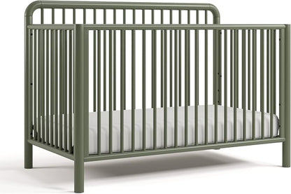 Storkcraft Porto 5-in-1 Convertible Crib with Toddler Guardrail – GREENGUARD Gold Certified, Toddler Bed Conversion Kit Included, 100% Solid Wood, Fits Standard Baby Crib Mattress (Olive)
