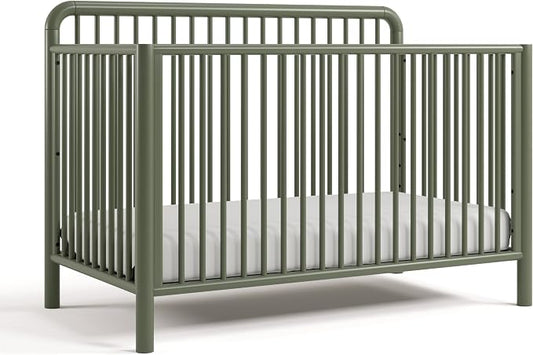 Storkcraft Porto 5-in-1 Convertible Crib with Toddler Guardrail – GREENGUARD Gold Certified, Toddler Bed Conversion Kit Included, 100% Solid Wood, Fits Standard Baby Crib Mattress (Olive)