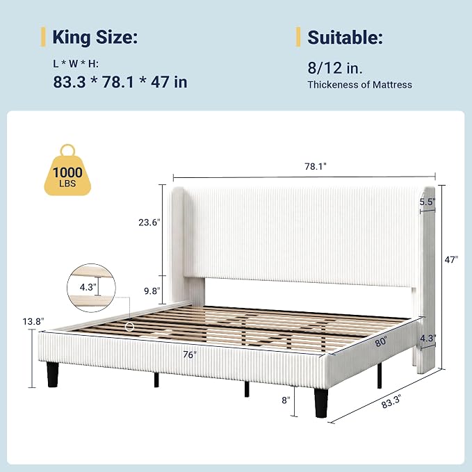 Allewie King Size Bed Frame with Upholstered Wingback Headboard, Vertical Channel Tufted Corduroy Velvet Platform Bed, Strong Wooden Slats Support, No Box Spring Needed，Easy Assembly, No Squeak, White