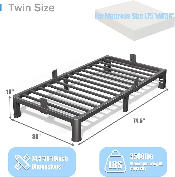 Yitong Angel 10 inch Twin Bed Frame with Rounded Corner Legs and Headboard Hole Mattress Slide Stopper Low Profile Heavy Duty Support Metal Platform,No Box Spring Needed,Noise Free,Easy Assembly