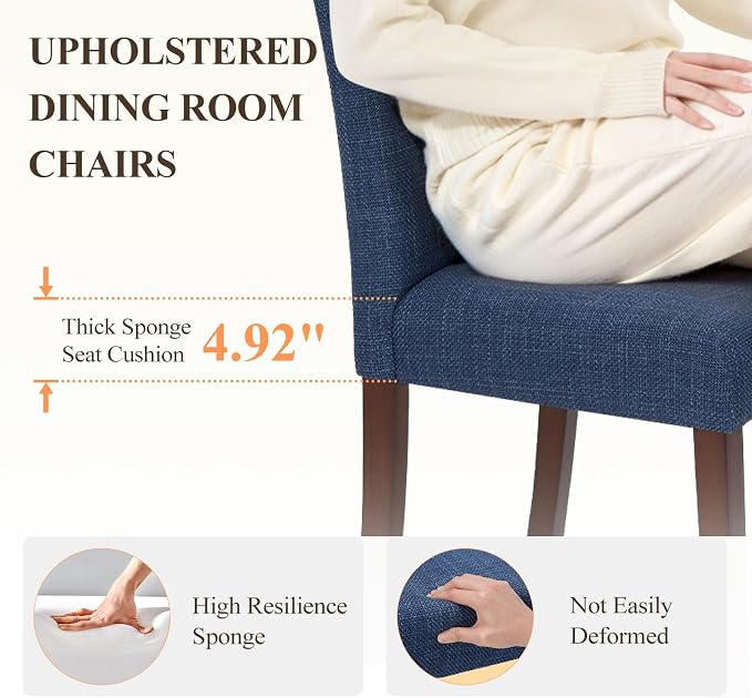 MALOL Upholstered Dining Chairs Set of 6, Modern Fabric Dining Room Chair, Wooden Dining Chair, Kitchen Side Chairs, Farmhouse Dinner Chair with High Back for Kitchen, Blue