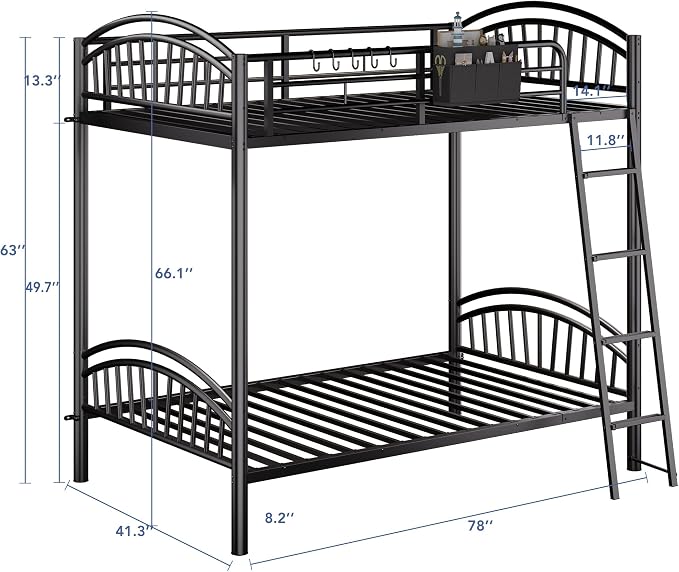 Decofy Metal Bunk Bed Twin Over Twin with Storage Bag, 2 Twin Size Beds with Safety Guard Rails and Anti-tip Nails for Teenager，Girls or Boys （Black） | Convertible Ladder
