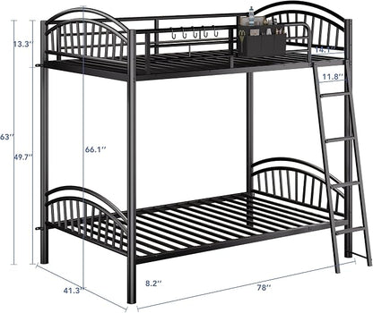 Decofy Metal Bunk Bed Twin Over Twin with Storage Bag, 2 Twin Size Beds with Safety Guard Rails and Anti-tip Nails for Teenager，Girls or Boys （Black） | Convertible Ladder