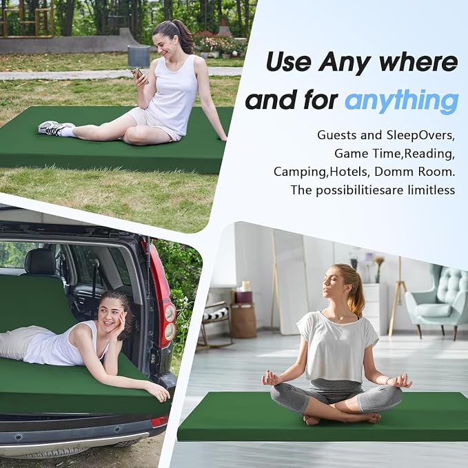 CYMULA 3 Inch Memory Foam Camping Pad, Camping Essentials Roll Up Floor Mat for Car Camping, Cot, Tent, Truck, Travel and Guest Use, Non-Slip Waterproof Bottom, Removable Cover