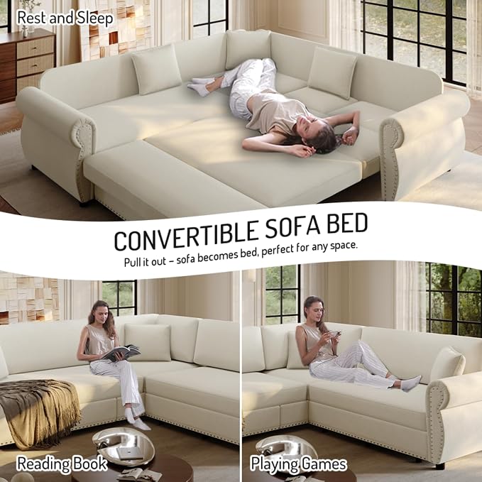 88.2" Sectional Sleeper Sofa with Pull Out Bed - Oversize L-Shaped Convertible Sleeper Couch Bed, Button Tufted Chesterfield Sofa, Chenille Vintage Couches for Living Room/Apartment(4-Seater, Beige) | Pull Out Couch Bed
