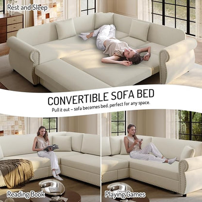 88.2" Sectional Sleeper Sofa with Pull Out Bed - Oversize L-Shaped Convertible Sleeper Couch Bed, Button Tufted Chesterfield Sofa, Chenille Vintage Couches for Living Room/Apartment(4-Seater, Beige) | Pull Out Couch Bed