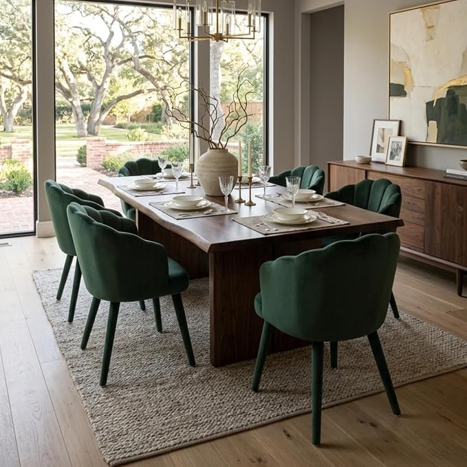 Hyfirm Velvet Dining Chairs Set of 6, Upholstered Modern Kitchen Dining Chairs with Petal Back & Fabric Covered Wooden Legs, Comfy Accent Armchairs for Bedroom/Kitchen/Vanity, Green