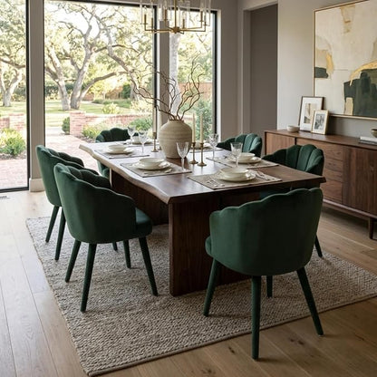 Hyfirm Velvet Dining Chairs Set of 6, Upholstered Modern Kitchen Dining Chairs with Petal Back & Fabric Covered Wooden Legs, Comfy Accent Armchairs for Bedroom/Kitchen/Vanity, Green