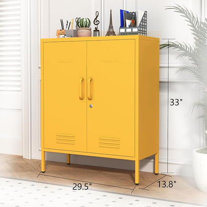 Multipurpose Accent Cabinet Locker, Metal Storage Cabinet with 2 Adjustable Shelves, Heavy Duty & Lockable Organizer Made of Thickened Steel, Easy Assembly for Home, Entryway, Yellow