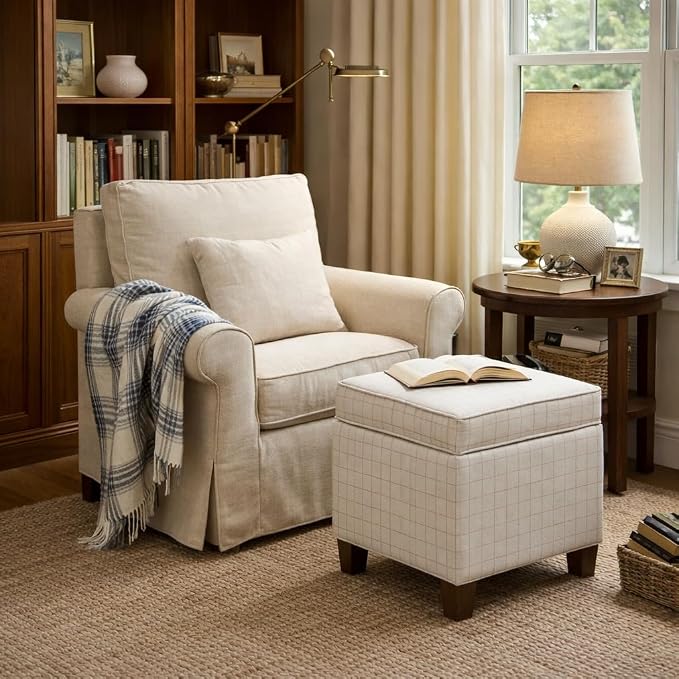 HomePop Home Decor | K7342-F2236 | Classic Square Storage Ottoman with Lift Off Lid | Ottoman with Storage for Living Room & Bedroom, Natural Windowpane, White Natural Stripes Large
