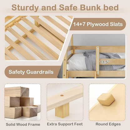 KOTEK Twin Over Queen Bunk Bed, House Bunk Beds with Climbing Nets and Ramp, No Box Spring Needed, Solid Wood Low Bunk Bed Frame for Kids Boys Girls (Natural)