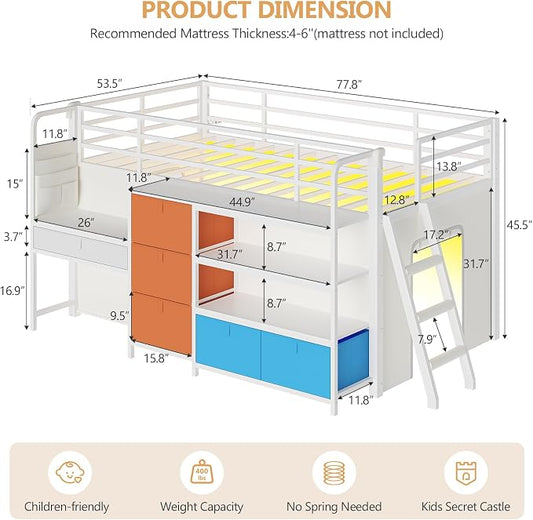 DICTAC Low Loft Bed with Desk and 6 Storage Drawers Twin Loft Bed with Bookshelf,LED Lights & Under-Bed Play Space,Kids Twin Beds with 13.8''H Safety Guardrail,Inclined Ladder & Play Curtain,Colorful