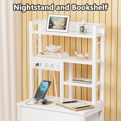 Furnulem Tall Nightstand with LED Lights and 3 Tier Shelves, Night Stand with 3 Fabric Drawers, 45.3inch Tall Bedside Tables with USB Ports and Outlets in Bedroom, Dorm, Office (White)