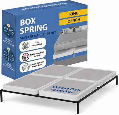 Greaton, Box Spring Bed Base King Size, 2-Inch Wood Mattress Foundation - Amish Made in USA – Quiet Noise Free, 4-Pieces Under Mattress-Support BoxSpring, Fully Assembled, White