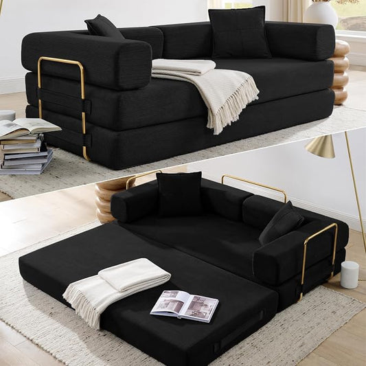 HANXIN 78 Inch Convertible Sleeper Sofa Bed, Folding Floor Mattress Couch with Fixed-Shape Frame, Futon Boneless Couch Lounge Loveseat with Pull Out Bed, No Assembly Required (Black)